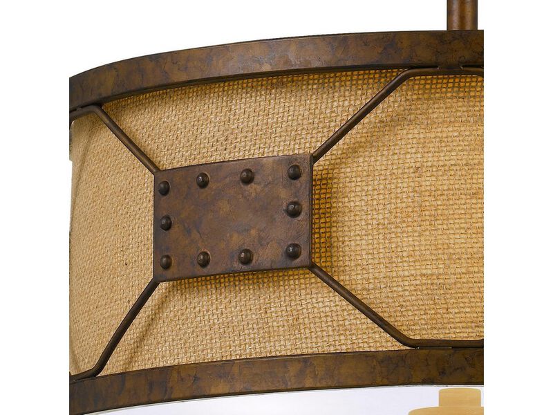 Metal Frame Drum Shade Pendant Fixture with Lattice Design, Rustic Bronze - Benzara