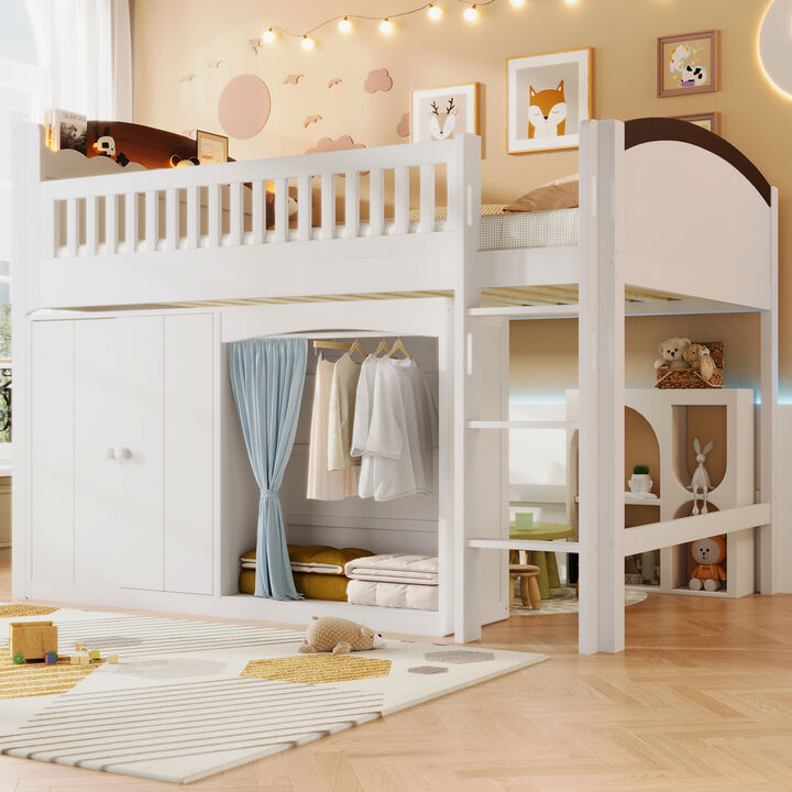 Merax Loft Bed with Storage Cabinet, Curtain Wardrobe & LED Headboard