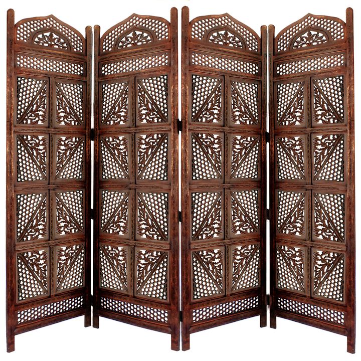 Traditional Four Panel Wooden Room Divider with Hand Carved Details, Antique Brown-Benzara