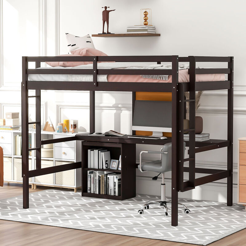 Full size Loft Bed with Desk and Writing Board, Wooden Loft Bed with Desk & 2 Drawers Cabinet- Espresso