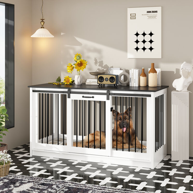 Large Wooden Dog House with Sliding door, Indoor Pet Dog Crate Cage for Large Medium Small Dogs, White