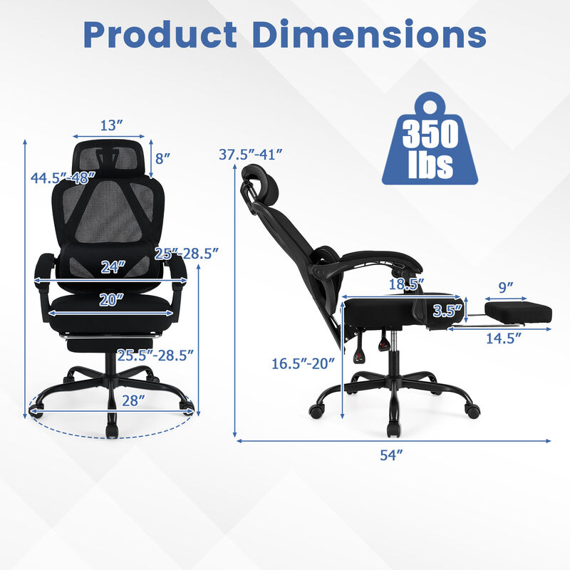 Mesh Office Desk Chair with High Back Support and Retractable Footrest image number 2