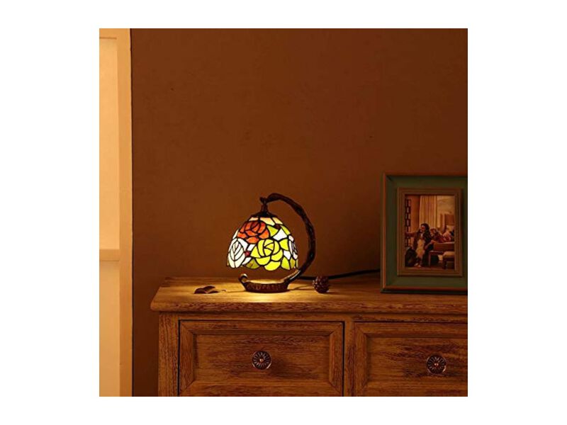 Tiffany Style Stained Glass Rose Table Lamp For Bedroom Living Room Pink image number 2