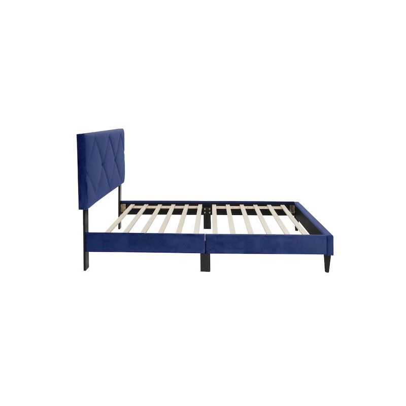 Poundex Adjustable Diamond Tufted Headboard Twin Bed Frame in Navy Blue Velvet