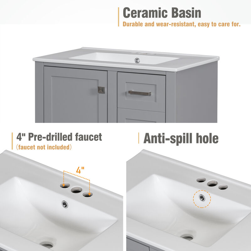 Whisen 30 in. Bathroom Storage Cabinet Bathroom Vanity with Ceramic Sink, Soft Close Door and 3 Drawers