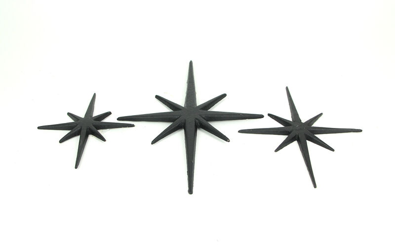 Set of 3 Black Cast Iron Starburst Wall Hangings Mid Century 8 Pointed Stars image number 2