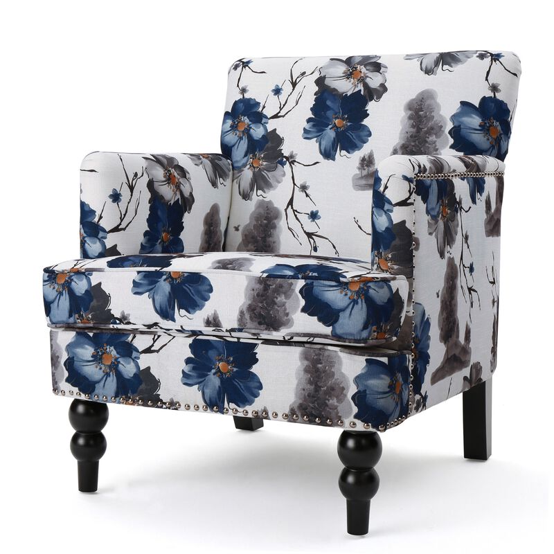 Lit Accent Chair, Button Tufted Floral White Blue Print, Multicolor