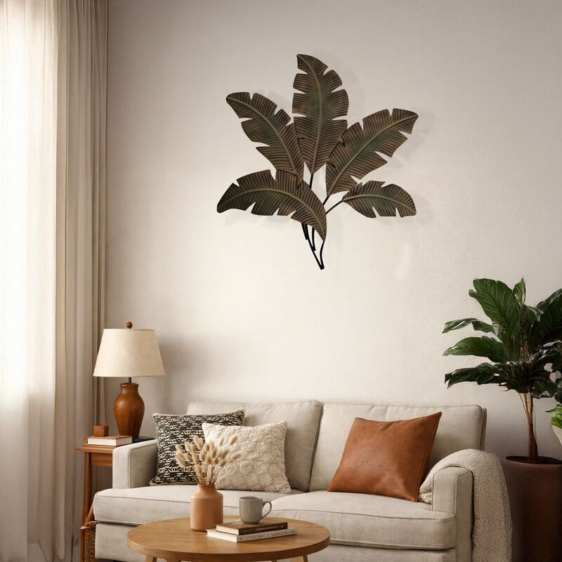35 Inch Tropical Metal Palm Leaf Wall Mount Accent Decor, Brushed Green, Antique Yellow, Black image number 4