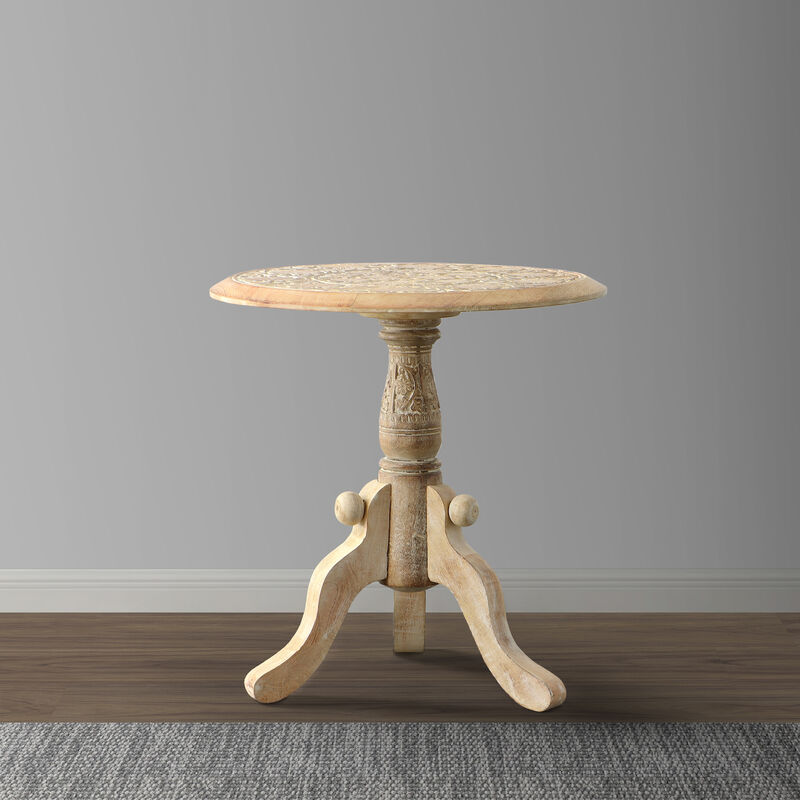 Intricately Carved Round Top Mango Wood Side End Table with Pedestal Base, Brown and White image number 7