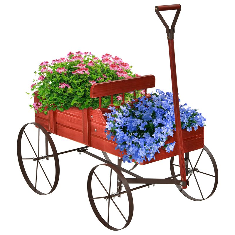 Wooden Wagon Plant Bed With Wheel for Garden Yard