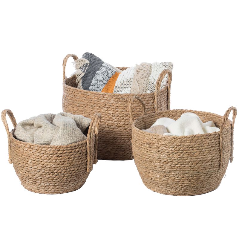 Decorative Round Wicker Woven Rope Storage Blanket Basket with Braided Handles - Set of 3