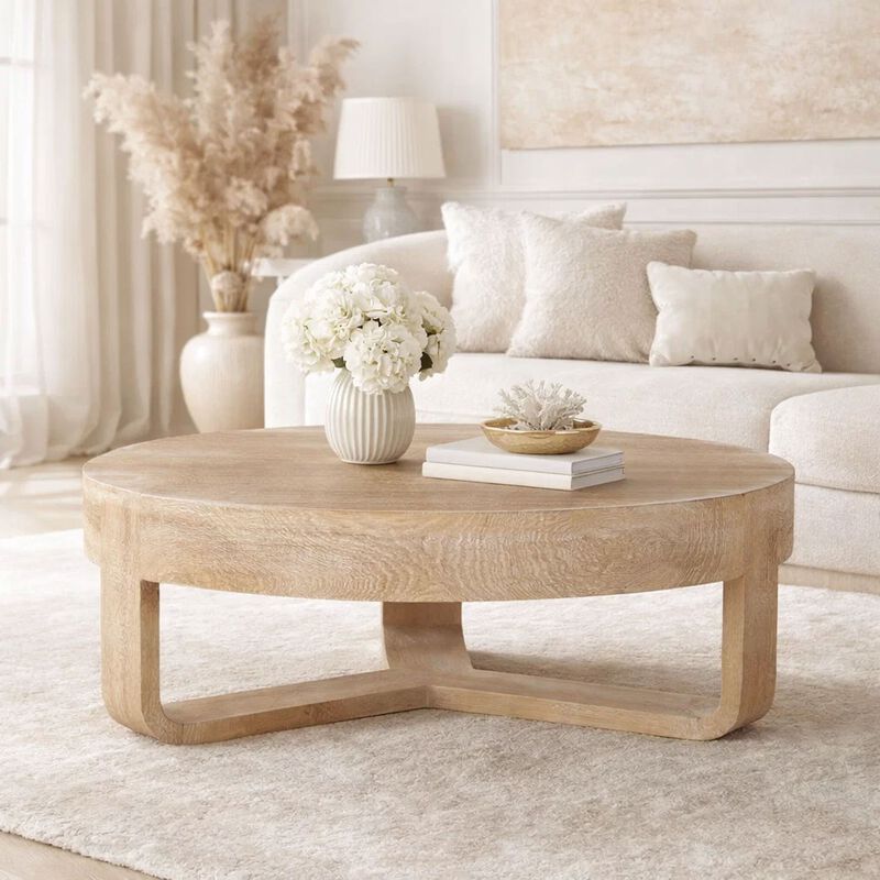 Milan Coffee Table, 32 Inch Round Top, Mango Wood with Sandblasted Natural Brown, Open Sled Base image number 8