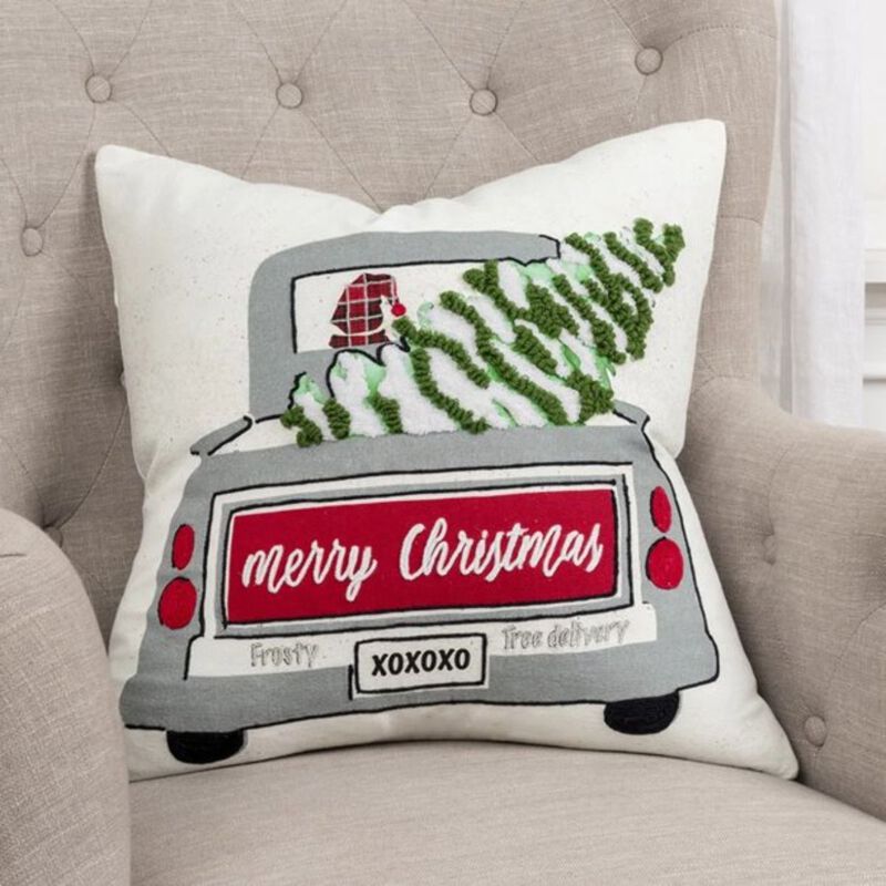 Homezia Ivory Frosty Christmas Tree on Truck Throw Pillow