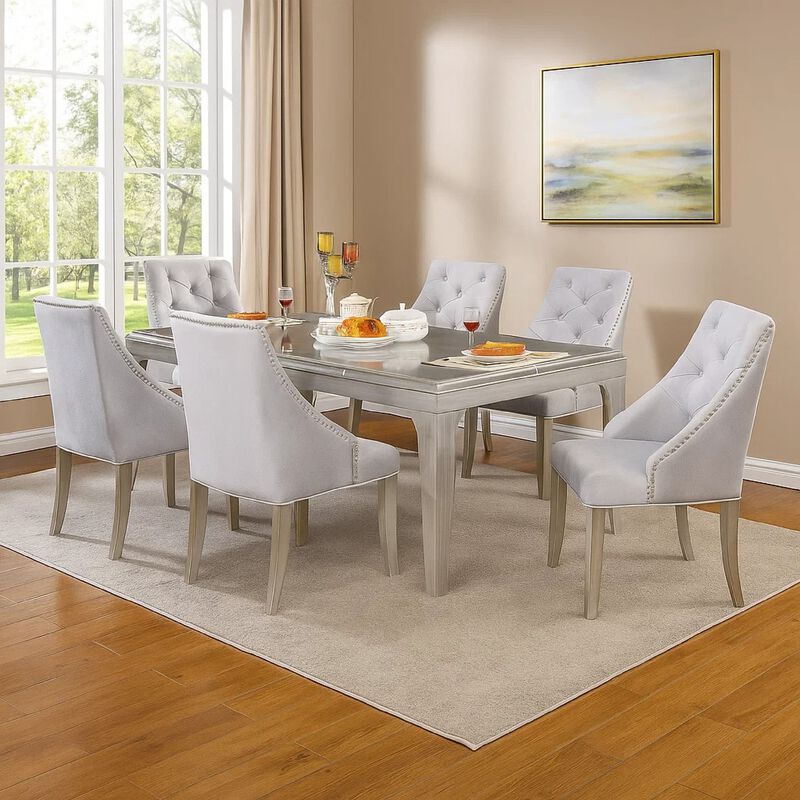 Jamie 7pc Dining Table Set, 6 Button Tufted Fabric Chairs, Silver-Gray image number 6