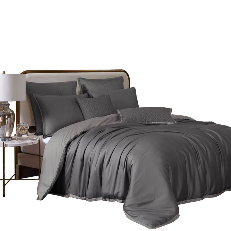 Keo 9pc King Comforter Set, Reversible, Shams, Dark Gray Silky Fabric