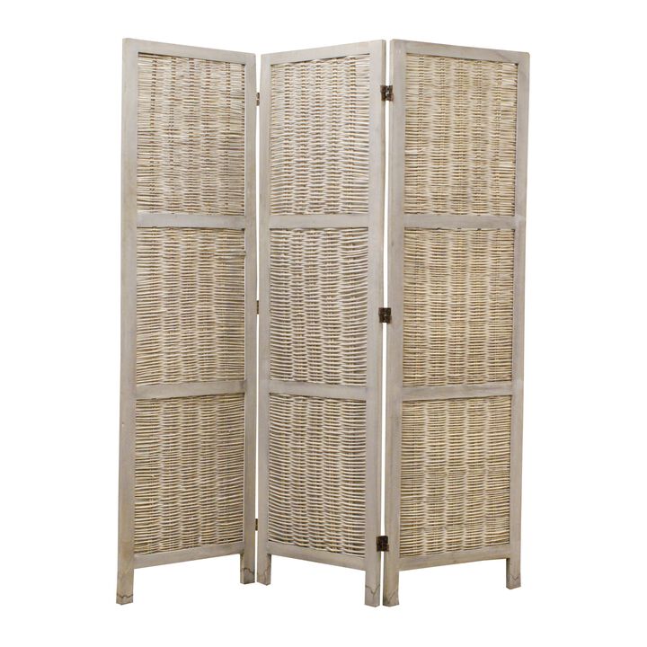 Cottage Style 3 Panel Room Divider with Willow Weaving, Gray-Benzara