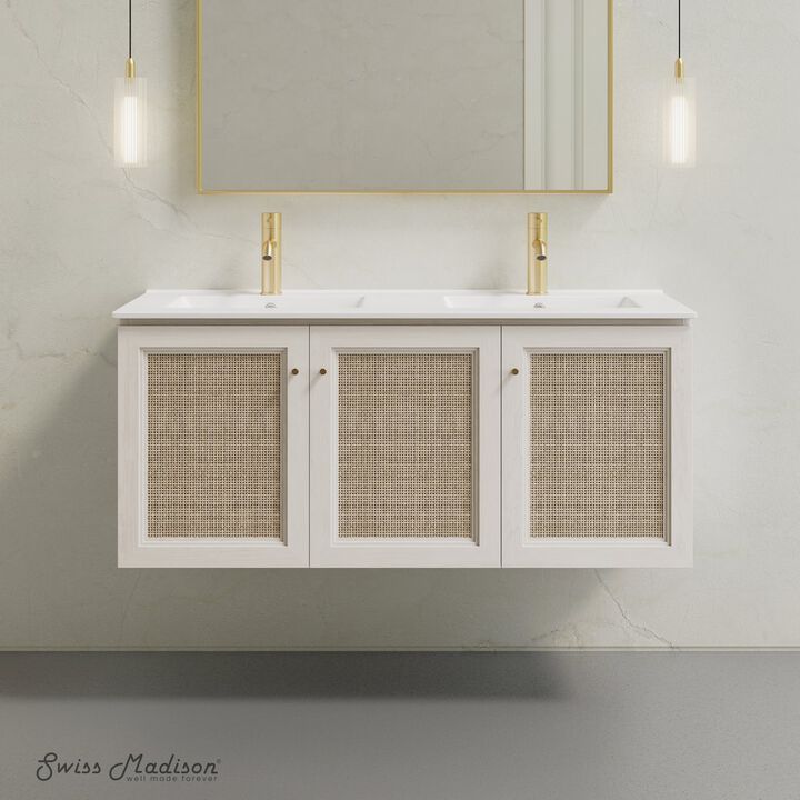 48" Wall-Mounted Bathroom Vanity in White Oak with Double Basin Vanity Top