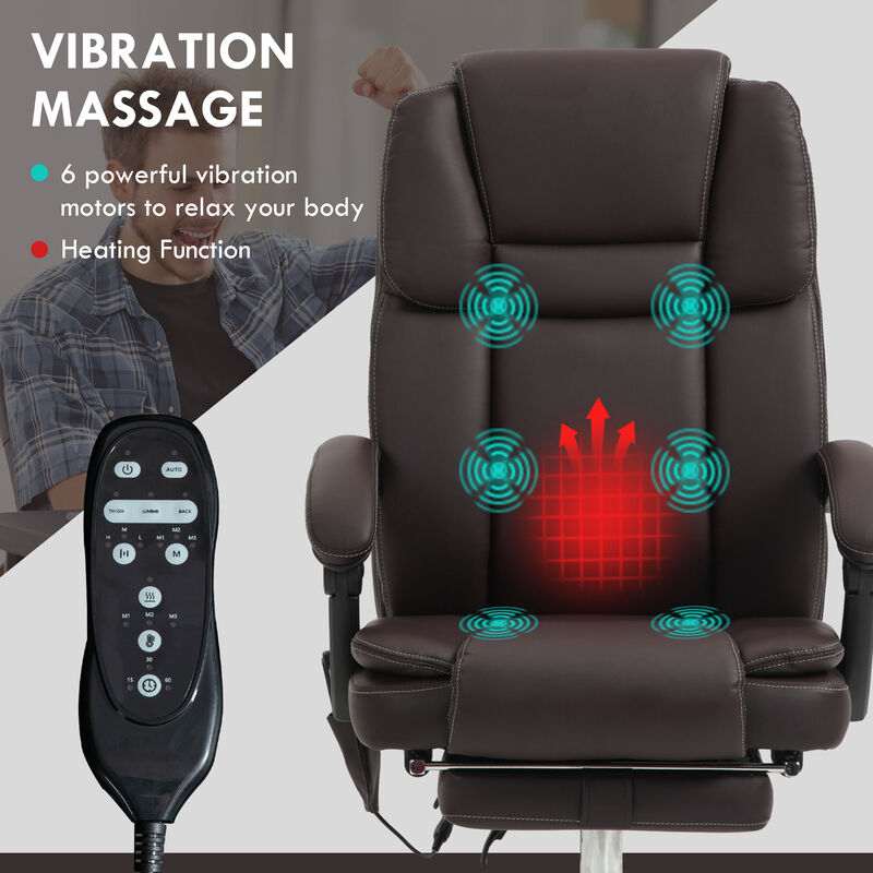 Vinsetto Massage Office Chair with 6 Vibration Points, Heated Reclining PU Leather Computer Chair with Adjustable Height, Footrest, Brown