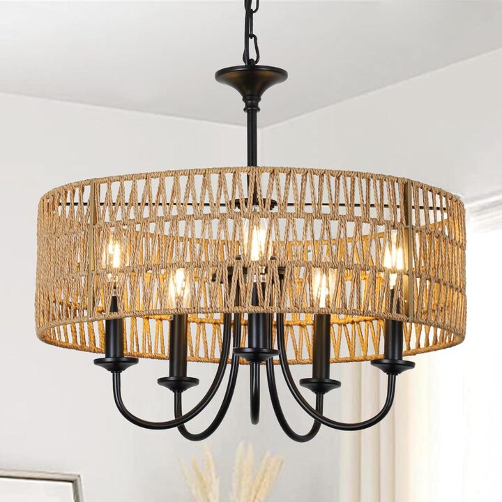 ELEMENT ACE 5-Light Hand Woven Natural Rattan Pendant Chandelier, Height Adjustable Hanging Light Fixture for Dining Room, Living Room, Kitchen Island, Bedroom, Foyer