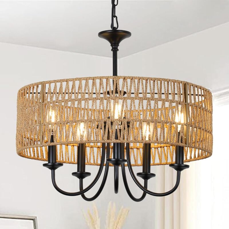 ELEMENT ACE 5-Light Hand Woven Natural Rattan Pendant Chandelier, Height Adjustable Hanging Light Fixture for Dining Room, Living Room, Kitchen Island, Bedroom, Foyer image number 1