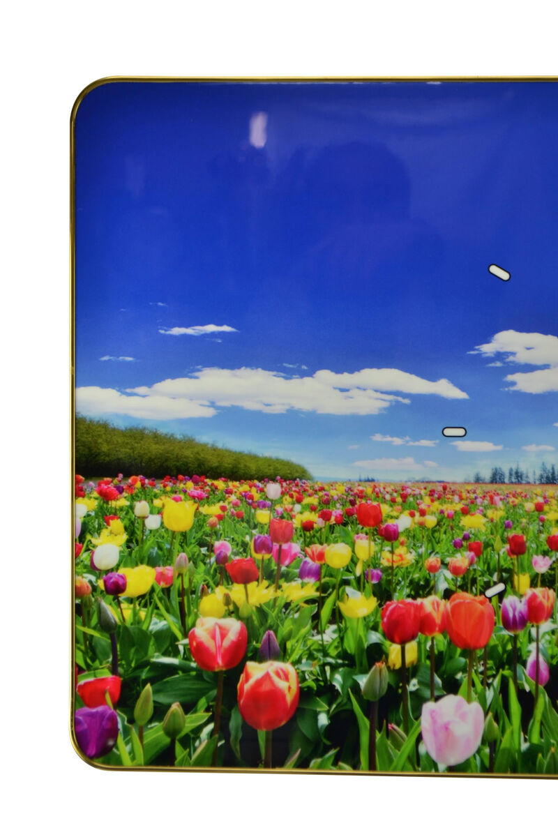 HomeRoots 24" Blue Red And Gold Solid Wood and Acrylic Silent Tulips Floral Wall Clock image number 2