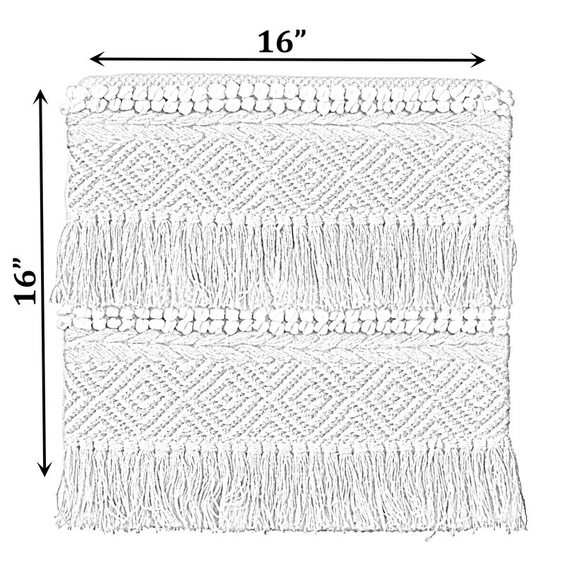 16" Handwoven Cotton Throw Pillow Cover with Embossed White Dots and Natural Fringed Pattern, Natural