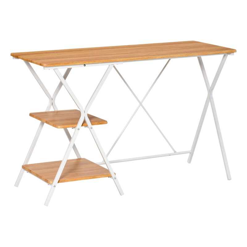 Natural Wood Study Station: Corner Desk with 2-Tier Storage Shelves