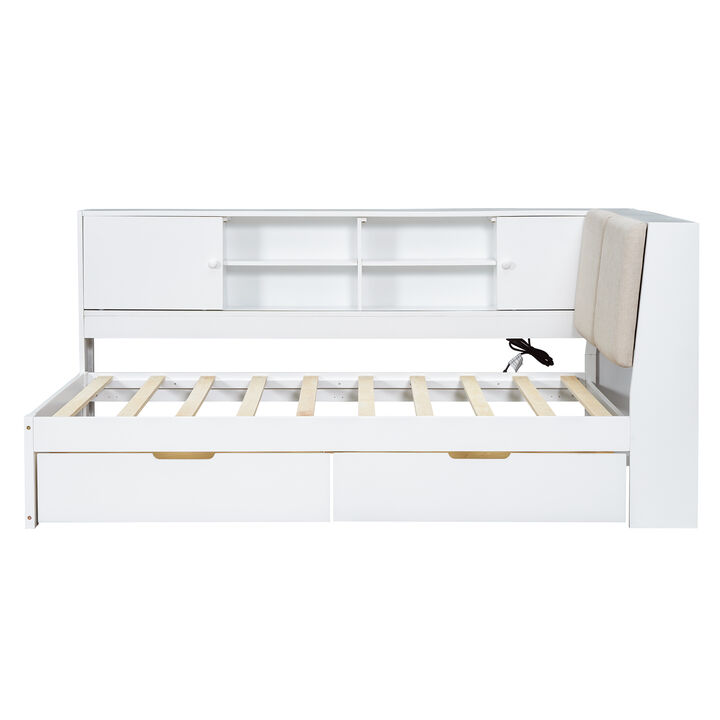 Merax Wooden Twin Size L-shaped Daybed Corner Bed Under-bed Drawers with Storage