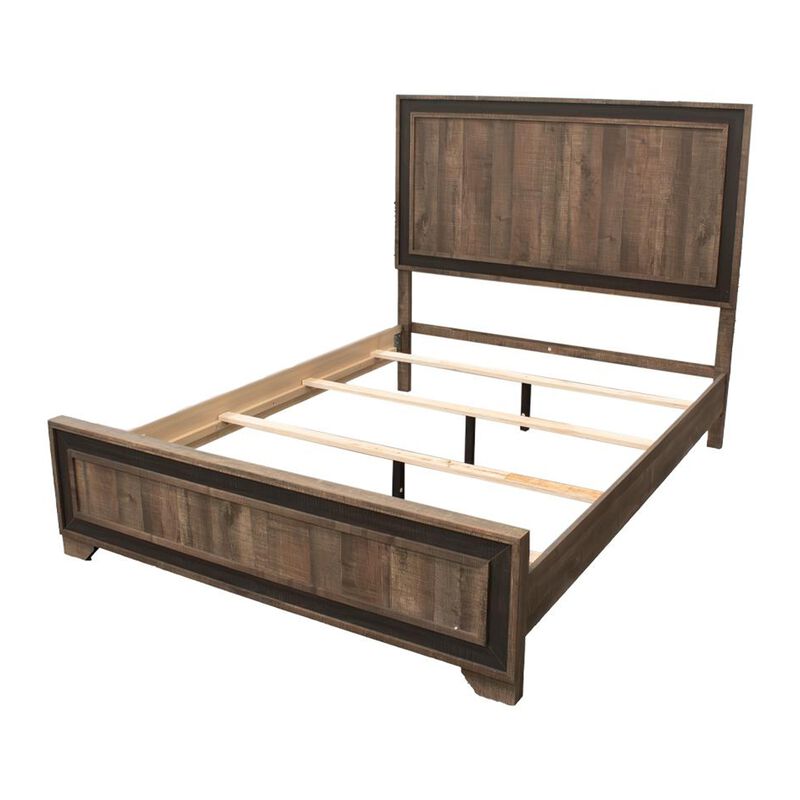Modern Queen Size Bed w Tall Panel Headboard, Rustic Brown Wood - Benzara