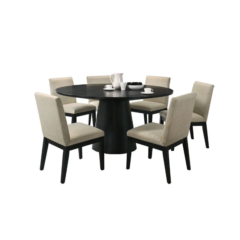 Bili 7pc 59 Inch Round Dining Table Set w 6 Beige Chairs, Black Wood - Benzara