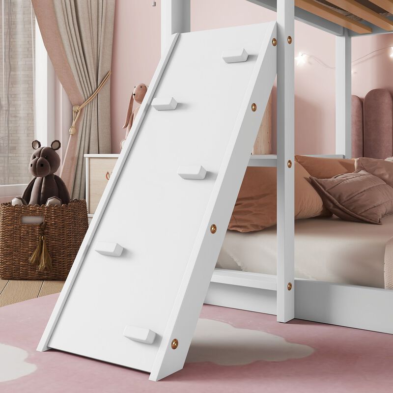 Whisen Twin Over Twin Floor Bunk Bed, Playhouse Floor Bunk Bed with Climbing Ramp, Ladder and Safety Guardrails - White