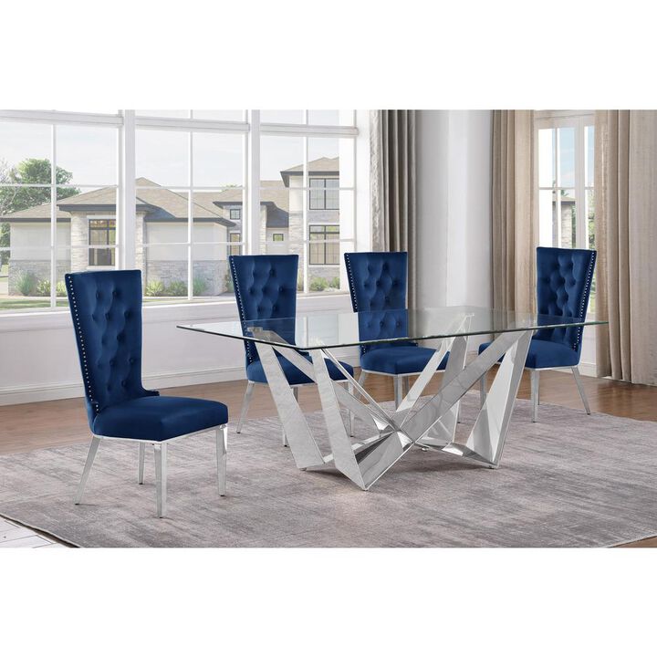 5pc Small(78") glass dining set with silver base and 4 Navy blue side chairs