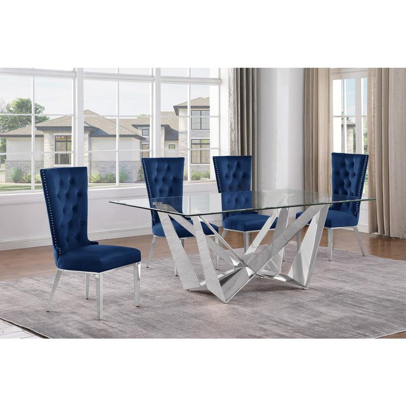 5pc Small(78") glass dining set with silver base and 4 Navy blue side chairs