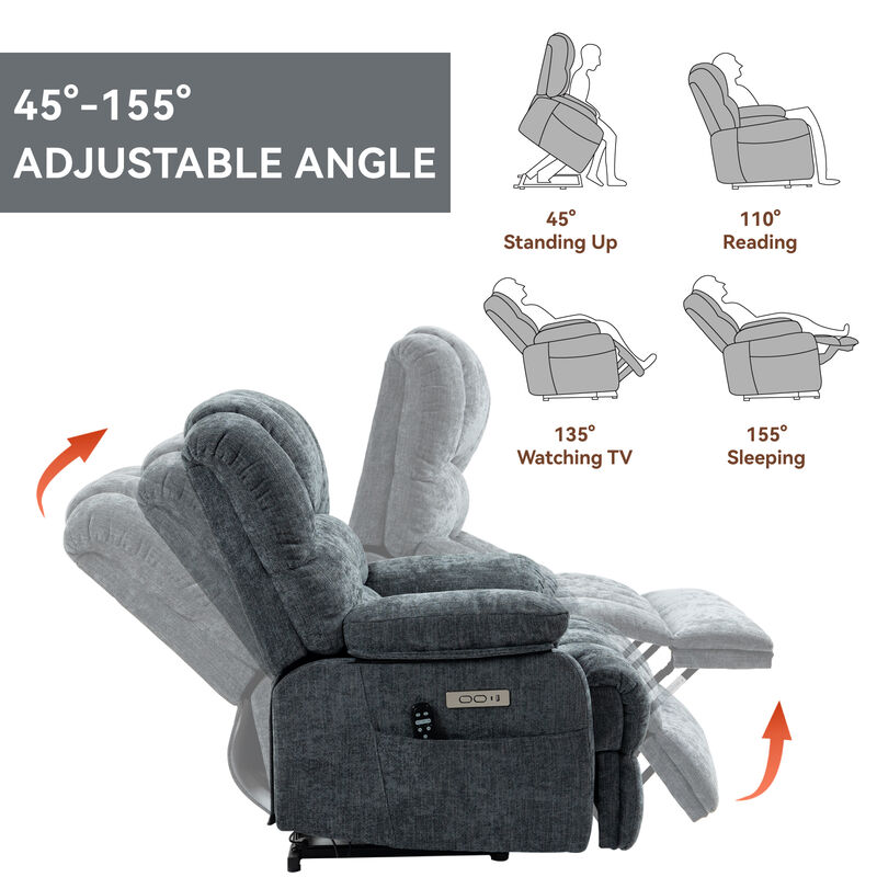 23" Seat Width and High Back Large Size Beige Chenille Power Lift Recliner Chair with 8-Point Vibration Massage and Lumbar Heating