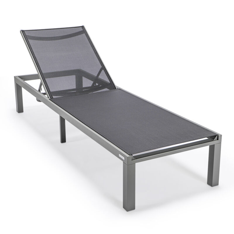 LeisureMod Marlin Modern Black Aluminum Outdoor Patio Chaise Lounge Chair in Grey Frame with Square Fire Pit Side Table