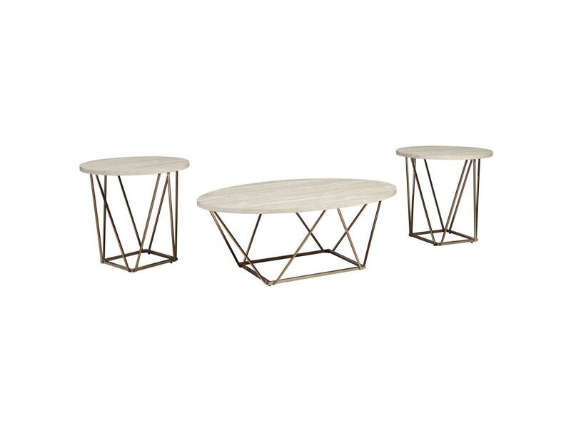 Faux Marble Table Set with 1 Coffee Table and 2 End Tables, White and Gold - Benzara image number 1