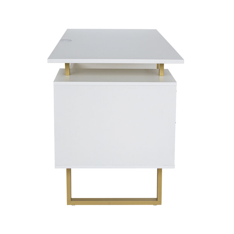 HomeRoots 51" Gray and Silver Wood and Steel Pedestal Executive Desk With Two Drawers image number 4