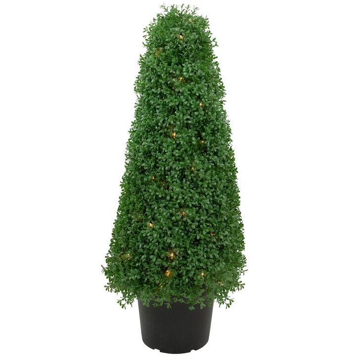 3' Pre-Lit Artificial Boxwood Cone Topiary Tree with Round Pot  Clear Lights
