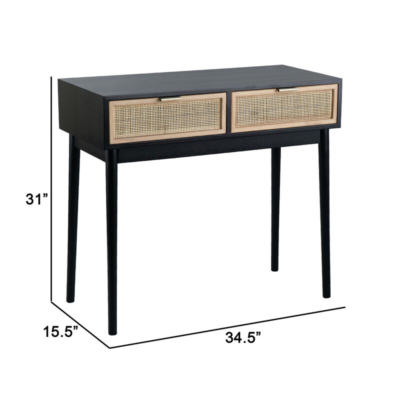 Ela 35 Inch 2 Drawer Wood Console Table, Woven Rattan Panels, Brown, Black-Benzara