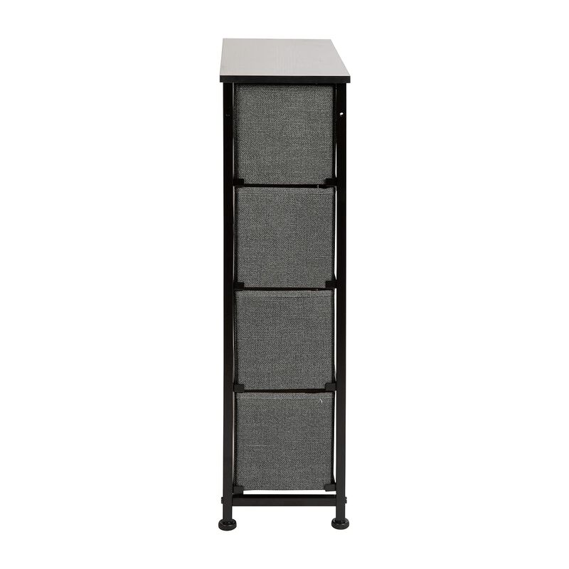 Flash Furniture Harris 4 Drawer Slim Wood Top Black Cast Iron Frame Dresser Storage Tower with Dark Gray Easy Pull Fabric Drawers