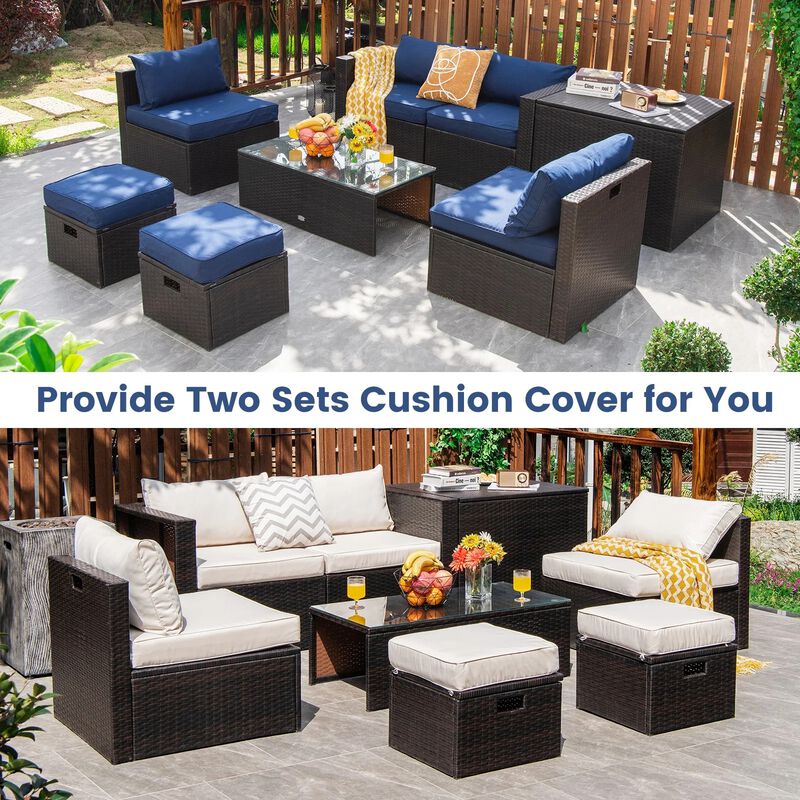 Mondawe 8 Pieces Patio Space-Saving Rattan Furniture Set with Storage Box and Waterproof Cover