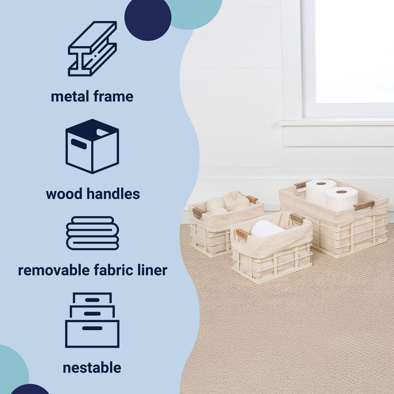 Callan Vintage Industrial Handmade Wire Metal Nesting Storage Baskets with Wood Handles and Fabric Liner