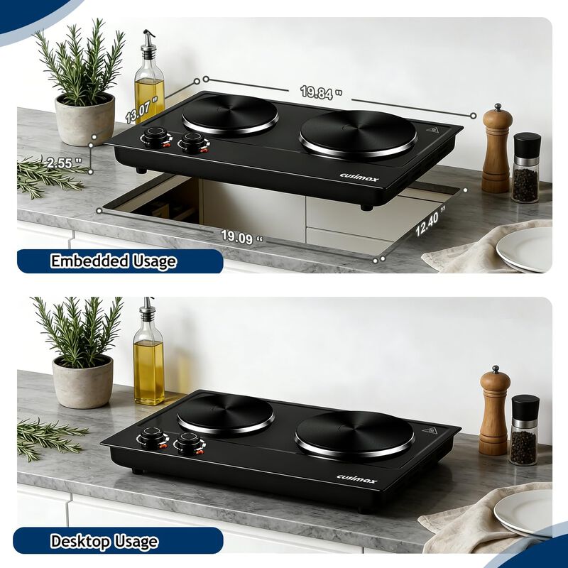 Cusimax Hot Plate, 1800W Electric Burner Double Hot Plate for Cooking Countertop Burner with Adjustable Temperature Control, Portable Cooktop image number 2
