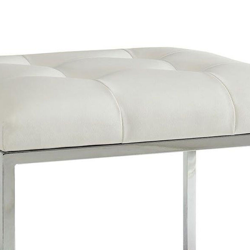 Leatherette Metal Frame Ottoman with Tufted Seating, White and Silver-Benzara