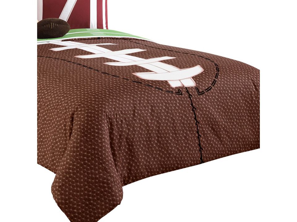 5 Piece Twin Comforter Set with Football Field Print, Brown and Green - Benzara