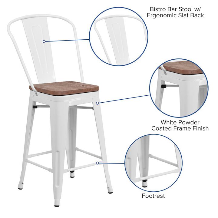 Flash Furniture 24" High White Metal Counter Height Stool with Back and Wood Seat