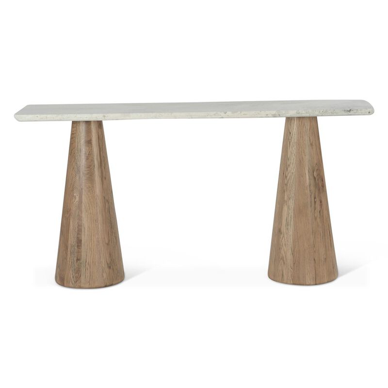 World Interiors Caldera Console Table with White Travertine and Light Oak Base