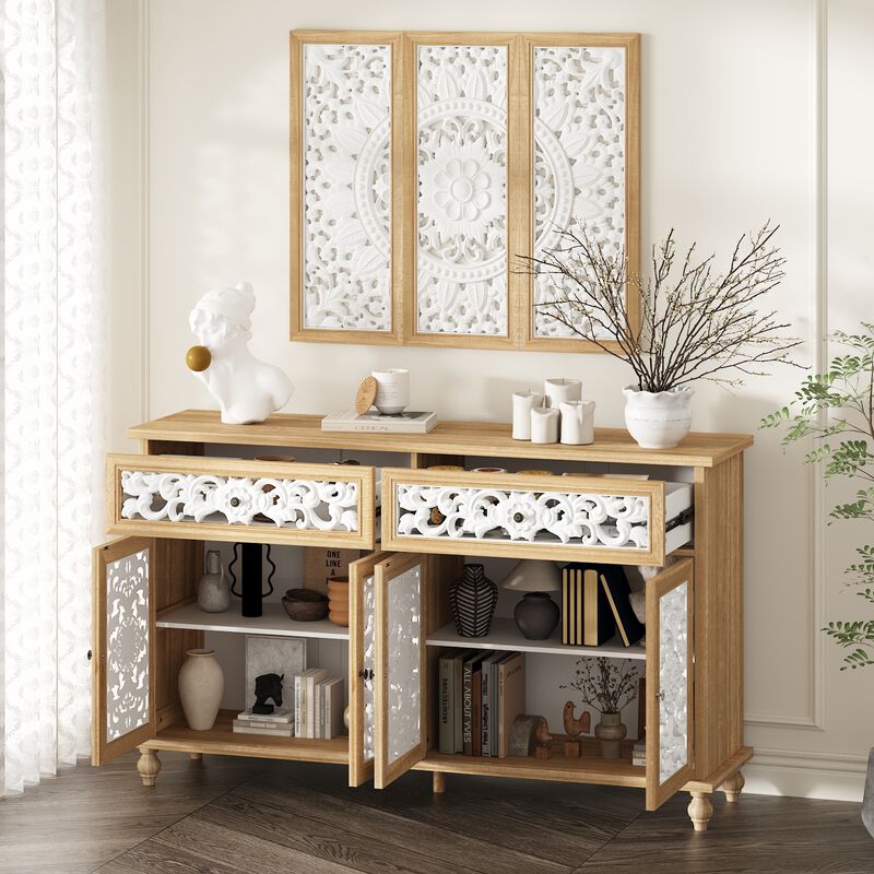 FUFU&GAGA Vintage Style Storage Cabinet with White Hollowed-Out Carved Drawers and Doors, Matching Wall Panel Frame, Painted and Clear Finish with Antique Hardware, (59.1 in. W x 15.7 in. D x 35.4 in. H), Wood and White