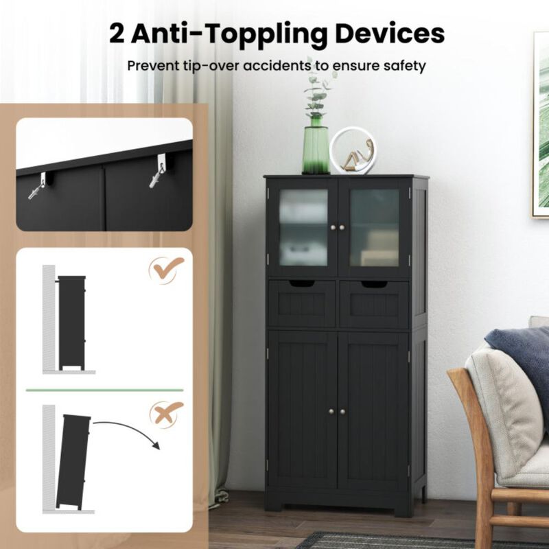 Hivvago 4 Door Freestanding Bathroom Floor Storage Cabinet with 2 Drawers and Glass Doors