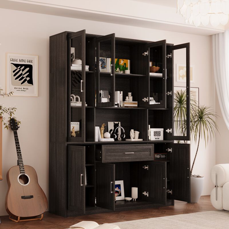 FUFU&GAGA Retro 8-Door Cabinet with a Drawer, Beveled Frame & Angled Panel Design, Glass & Wood Grain Finish, Brushed Metal Handles (60.6 in. W x 15.7 in. D x 79.9 in. H), Dark Brown